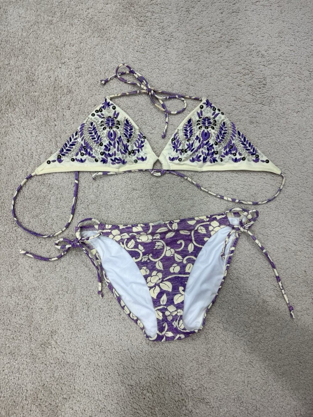 Victoria’s Secret Purple/White Floral embroidered w/beaded top Bikini 2 piece M